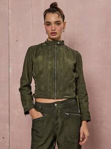 COUREZ Biker Denim Jacket With Lattice Detail /Y2K Winter Clothes For Women Going Out Tops New Year Winter Tops Winter Coats Jackets For Women - Olive Green - View 1