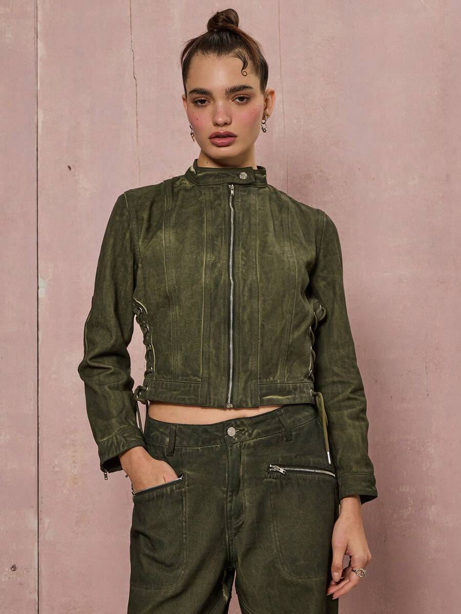 COUREZ Biker Denim Jacket With Lattice Detail /Y2K Winter Clothes For Women Going Out Tops New Year Winter Tops Winter Coats Jackets For Women - Olive Green - View 1