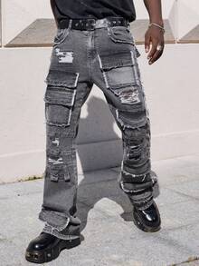 ROMWE MEN Street Life Men's Fashion Frayed Pocket Slim Fit Casual Denim Jeans