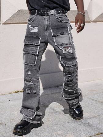 Street Life Jeans casual slim fit in denim con tasche sfilacciate da uomo