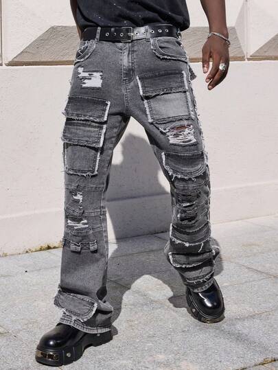 Street Life Men's Fashion Frayed Pocket Slim Fit Casual Denim Jeans