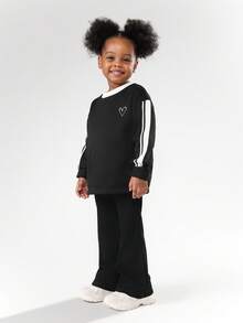 SUMWON Black Hoodie And Pants Co-Ord Set With Heart Print And Side Stripes For Kids Casual Wear - Black - View 6