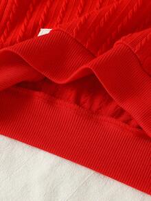 SHEIN Toddler Boys 2-Piece Set, Red Knit Jacquard Sweatshirt With Letter Decor And Denim Pants, Casual Outfit For Autumn/Winter, Suitable For Daily Wear, School, Travel, Back To School