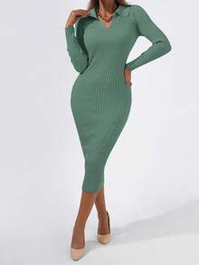 Cloudara Solid Ribbed Knit Bodycon Sweater Dress - Mint Green - View 5