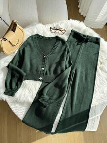 SHEIN 青少年女孩纯色V领落肩长袖针织开衫和裤子套装 - 綠色 - 查看 5