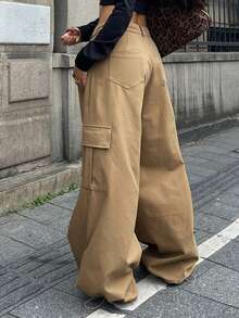 DAZY Women's Casual Solid Color Cargo Wide Leg Sports Pants - Khaki - View 2