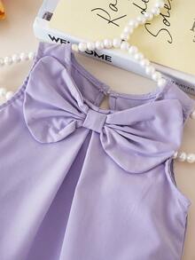 Elladie kids Baby Girls' Elegant Sleeveless Bow Decor Ruffle Mesh Dress, Minimalist Fashion For Spring/Summer - Mauve Purple - View 5