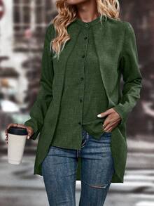 LanaWest Women's Stand Collar High Low Shirt,Ladies Casual Button,High Low,Plicated Long Sleeve Stand Collar Regular Fit Regular Green Regular Sleeve Shirt Women Blouses,Spring/Summer,Casual Daily Wear Fall Cloth For Women - Green - View 6