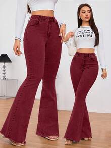 SHEIN Tall 女式休闲通勤简约纯色高腰修身喇叭牛仔裤 - 酒紅色 - 查看 3