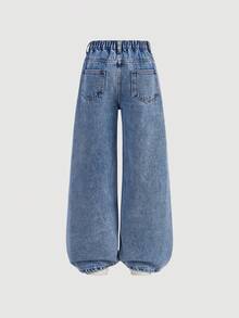 SHEIN Tween Girls Y2K 时尚水洗蓝色水钻装饰牛仔裤，喇叭腿休闲牛仔裤，适合城市漫步、日常时尚、拍照、闲逛、上学、通勤、聚会，2025 年秋季新品 - 中等水洗藍 - 查看 2