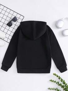 SHEIN 男童字母印花保暖内衬卫衣，休闲运动服，适合秋冬季节、圣诞节穿着，黑色上衣，男童黑色卫衣 - 黑色 - 查看 2