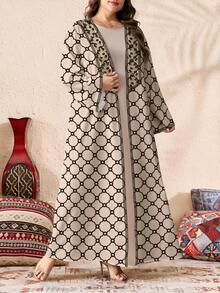SHEIN Najma Plus Size Women's Geometric Pattern Patchwork Floral Print Long Sleeve Casual Arabic Abaya Robe, Spring/Autumn - Multicolor - View 4