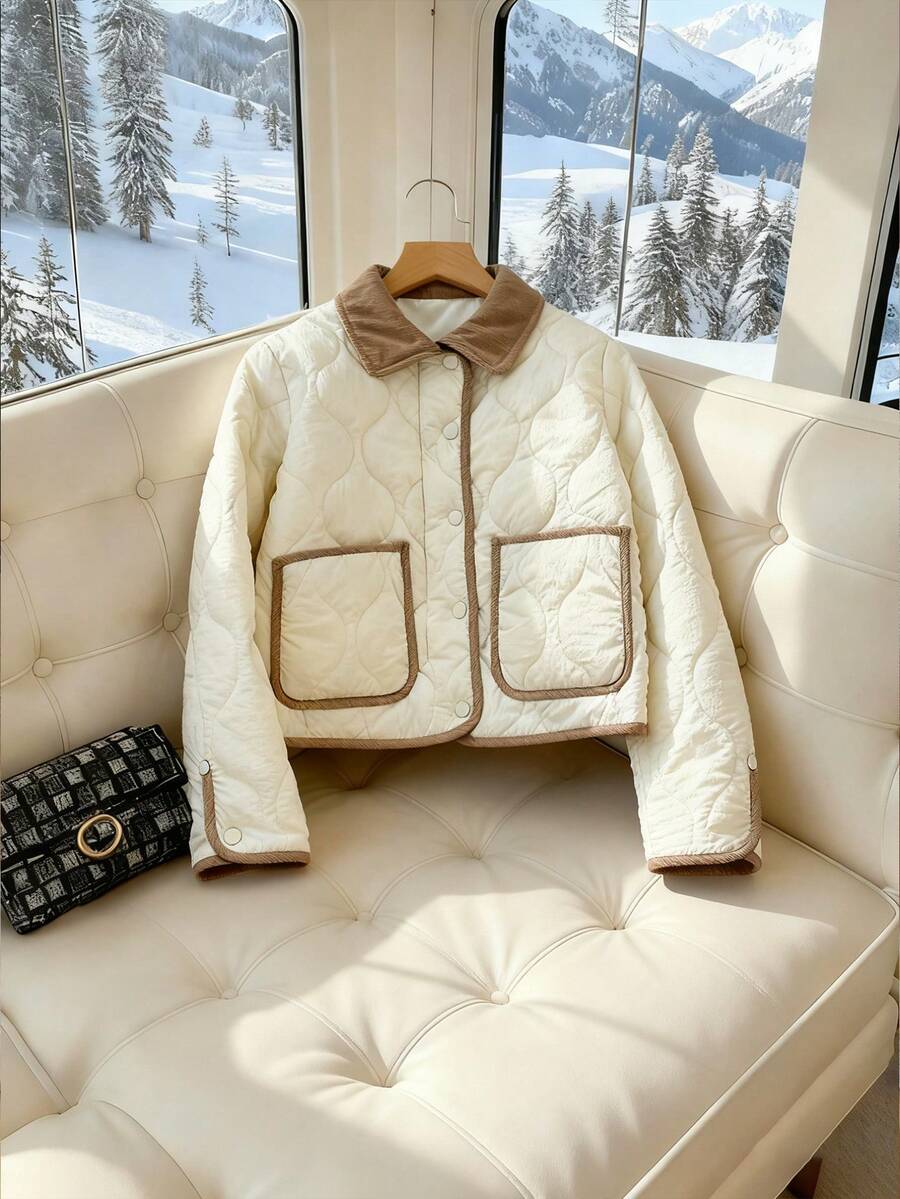 SHEIN Frenchy 女式休闲撞色饰边双口袋绗缝领夹克，秋冬 - 米色 - 查看 1