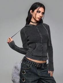 ROMWE Grunge Punk Punk Style Ribbed Zip-Up Hooded Cardigan For Women - Grey - View 7