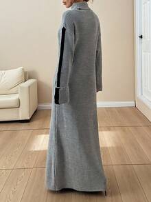 EURMUSE Lässiges Maxi Strick Kleid mit Rollkragen, weiten Ärmeln und Streifen-Details für einen kuscheligen Winter-Chic-Look, Oversized Passform - Grau - Übersicht 4