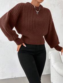 Women Solid Color Round Neck Drop Shoulder Long Sleeve Loose Knit Sweater For Autumn/Winter
