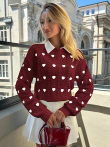 EURMUSE Heart Embroidery Textured Knit Crewneck Pullover - Rose Red - View 7