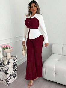 Xyvia Conjunto de 2 peças de blusa de manga comprida e calça larga feminina madura inteligente, cor damasco e branco, com patchwork de tecido AB, gola virada para baixo, blusa justa na cintura, calça larga canelada, adequada para escritório, campus, negócios, viagens, uso casual no outono, inverno, primavera - Borgonha - Ver 3