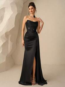 Coutiva Vestido de noche formal con pliegues y cristales enjoyados (muy enjoyado) para mujer - Negro - Ver 7