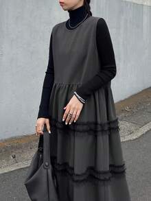 FRIFUL Women's Solid Color Mesh Patchwork Round Neck Sleeveless Dress