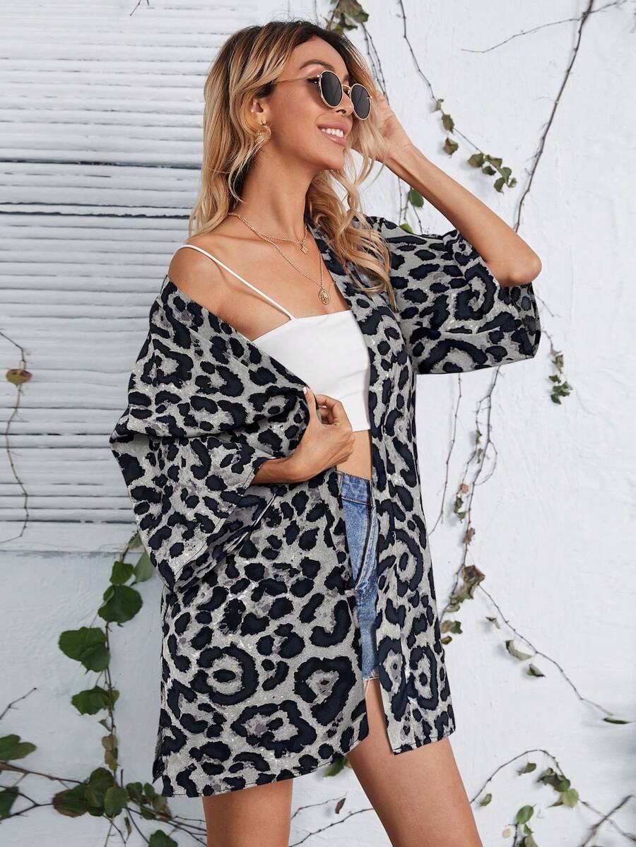 SHEIN VCAY Women's Leopard Print Loose Fit 3/4 Sleeve Kimono Cover Up - White - View 1