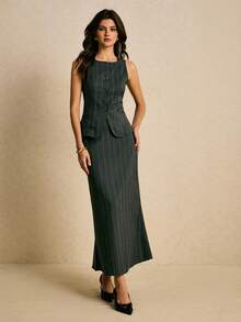 Poéselle 女士优雅条纹背心长裙套装，女士长款连衣裙，两件套半身裙套装，背心和半身裙套装 - 深灰色 - 查看 1