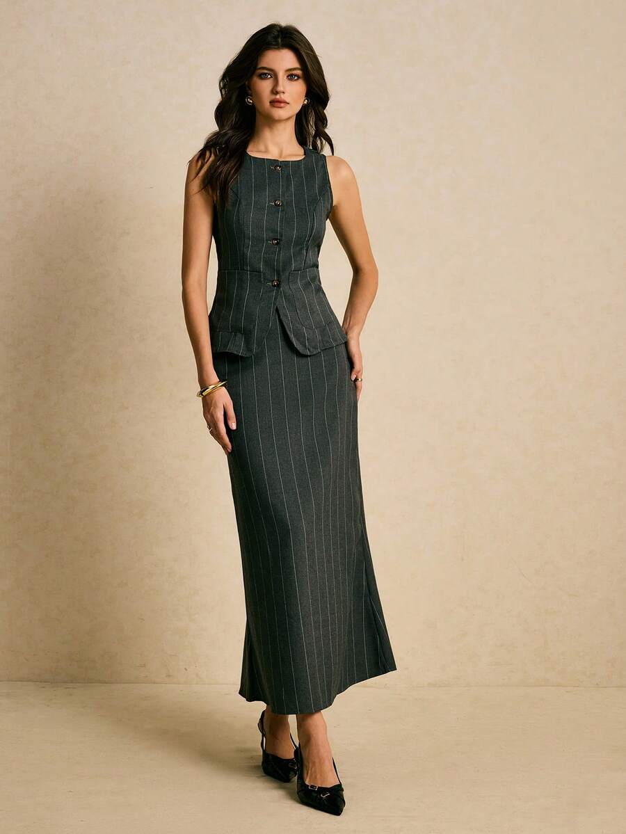 Poéselle 女士优雅条纹背心长裙套装，女士长款连衣裙，两件套半身裙套装，背心和半身裙套装 - 深灰色 - 查看 1