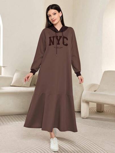 Modelyn Vestido largo con capucha y mangas raglán con estampado de letras NYC, para mujer, primavera/otoño