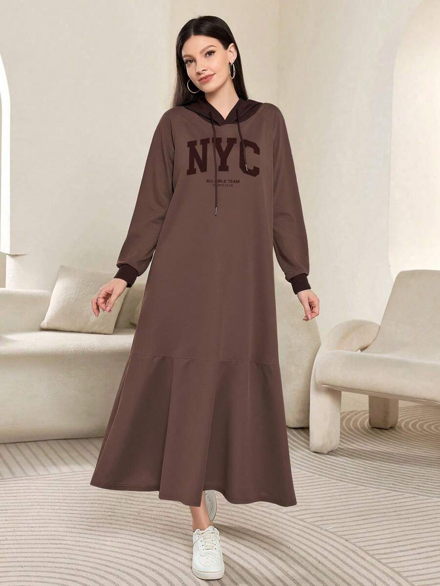 Modelyn 纽约字母印花时尚女式插肩袖连帽长裙，春秋季 - 彩色 - 查看 1