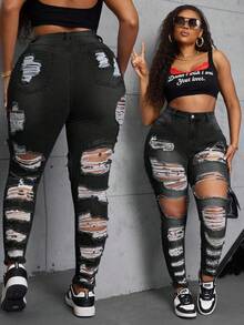 SHEIN SXY 大码女式洗水做旧紧身牛仔裤 - 黑色 - 查看 1