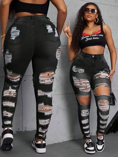 SHEIN SXY 大码女式洗水做旧紧身牛仔裤