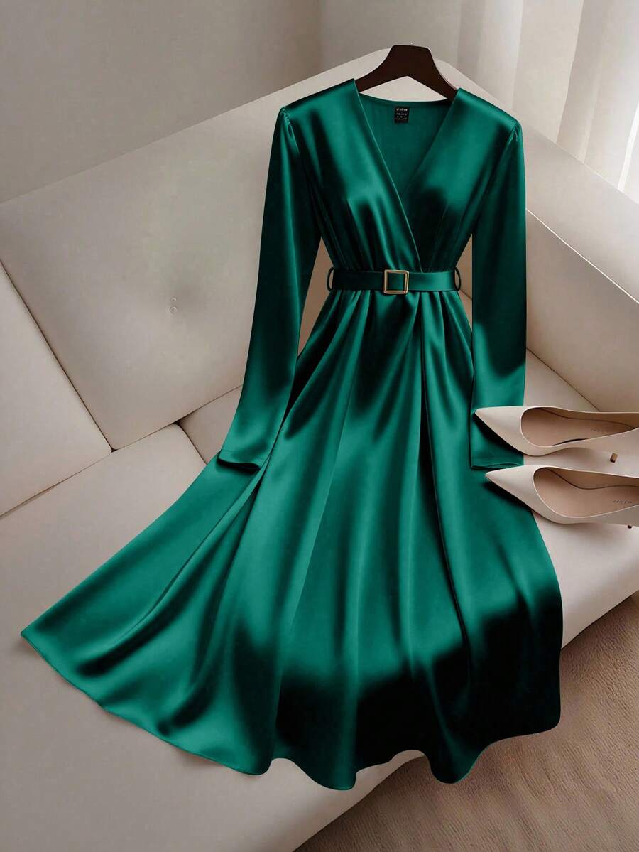 GlowEve Satin + Belt Decor Long Sleeve Midi Dress - Dark Green - View 1