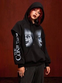 The Conjuring X ROMWE 女式休闲深色图案和字母图案抽绳连帽二合一运动衫，春秋季 - 黑色 - 查看 7
