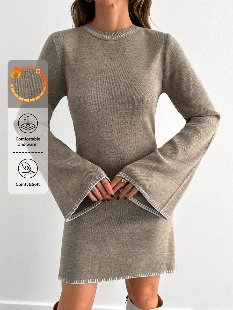 EURMUSE Women Color Block Sweater Dress With Striped Edges - Mocha Brown - View 1