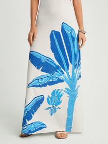CAJUNI 优雅的白色和蓝色椰子树印花无肩带夏季连衣裙，V领设计。 - 藍白色 - 查看 5
