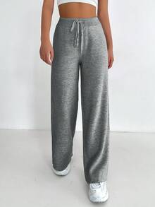 EURMUSE Women's Solid Color Drawstring Waist Straight Leg Loose Casual Sweater Pants, Autumn/Winter - Grey - View 4