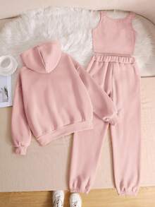 SHEIN 3 件套 Tween 女童休闲纯色针织连帽运动衫、运动衫、无袖背心和慢跑裤套装 - 淺粉色 - 查看 2