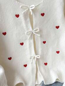 SHEIN 青少年女孩宽松休闲简约舒适圆领长袖系带蝴蝶结心形开衫，返校季