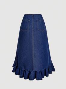 Sweetra 时尚休闲系带蝴蝶结荷叶边下摆牛仔迷你裙 - 深色水洗藍 - 查看 4