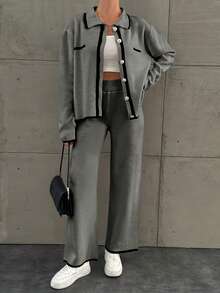 EURMUSE 2pcs Women's Color Block Front Button Long Sleeve Simple Sweater And Pants Set - Grey - View 3