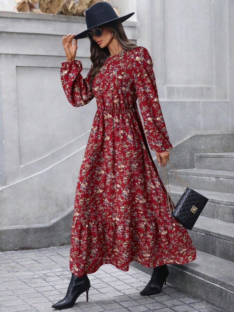 SHEIN LUNE V 领荷叶边喇叭袖层叠下摆 A 字形复古碎花休闲通勤优雅长裙，适合女士，秋冬 - 紅色 - 查看 1