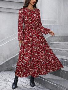 SHEIN LUNE V 领荷叶边喇叭袖层叠下摆 A 字形复古碎花休闲通勤优雅长裙，适合女士，秋冬 - 紅色 - 查看 3