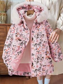 SHEIN Girls' Casual Fashionable Pink Cute Printed Fur Collar Cinched Waist Mid-Length Padded Coat - Baby Pink - View 5
