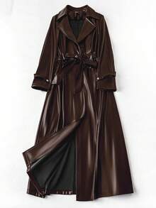 Franclia 大码女式翻领宽松休闲仿皮风衣 - 咖啡棕 - 查看 1