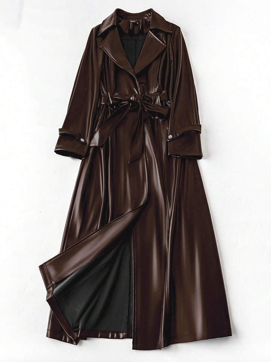 Franclia 大码女式翻领宽松休闲仿皮风衣 - 咖啡棕 - 查看 1