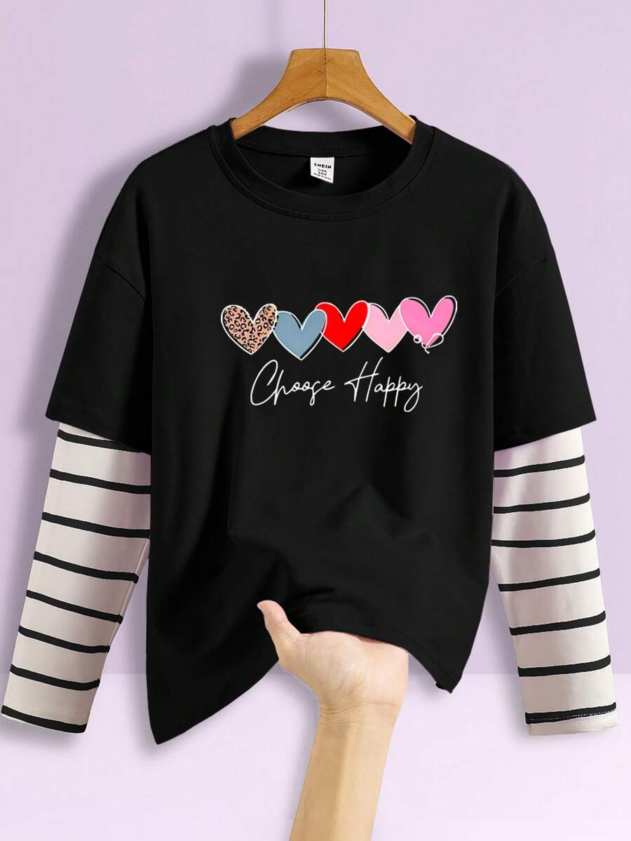 SHEIN Girls Cute Cartoon Heart Pattern Comfortable Round Neck 2 In 1 Long Sleeve T-Shirt - Black - View 1