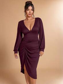 Cravure Plus Size Elegant Solid Color V-Neck Ruched Asymmetric Hem Dress, Autumn - Burgundy - View 6