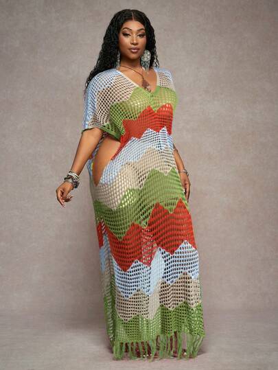 Slaydiva Plus Size Women's Colorful Rainbow Striped Hollow V-Neck Loose Beach Maxi Dress, Sexy & Casual, Suitable For Vacation/Winter