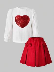 SHEIN Explorewe ChillGRL 2-Piece Girls Winter Birthday Outfit,4-7Y Knit Fuzzy Ribbed Sequin Heart Puff Sleeve T-Shirt & Woven Corduroy Bow Mini Skirt Sweet Casual Set - Red - View 3