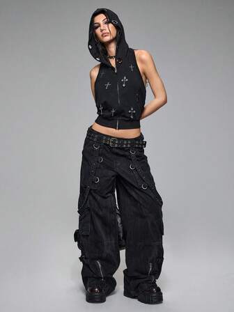 Grunge Punk Top con capucha corto sin mangas con cruz metálica punk para mujeres